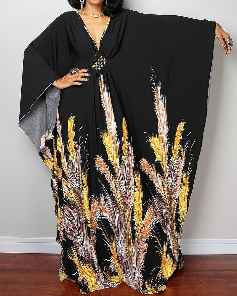 Bsubseach Women Ethnic Print Kaftan Beach Dress Plus Size Swimsuit Cover Up - Image 2